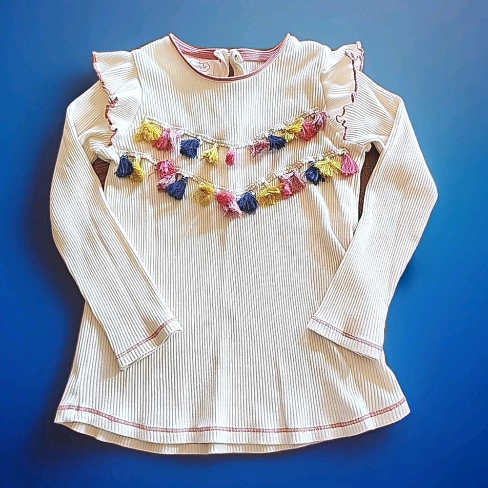 Mud Pie Girls 4T Ruffled Tassel Ribbed Long Sleeve Color Cream